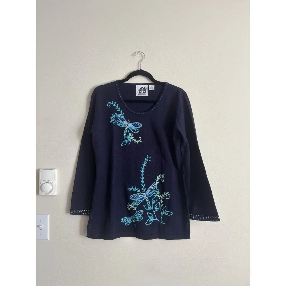 Storybook Knits‎ Small Sweater Tunic Sweater Dragonfly Embroidered Blue Y2K
